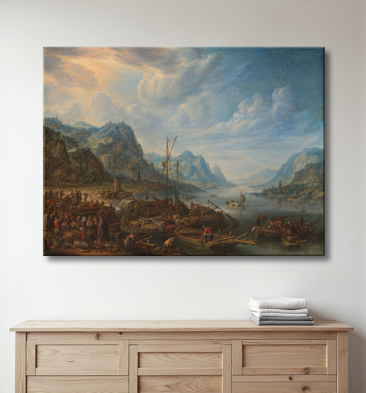 Reproduction Vue sur une rivière avec amarres de bateaux de Herman Saftleven avec decor
