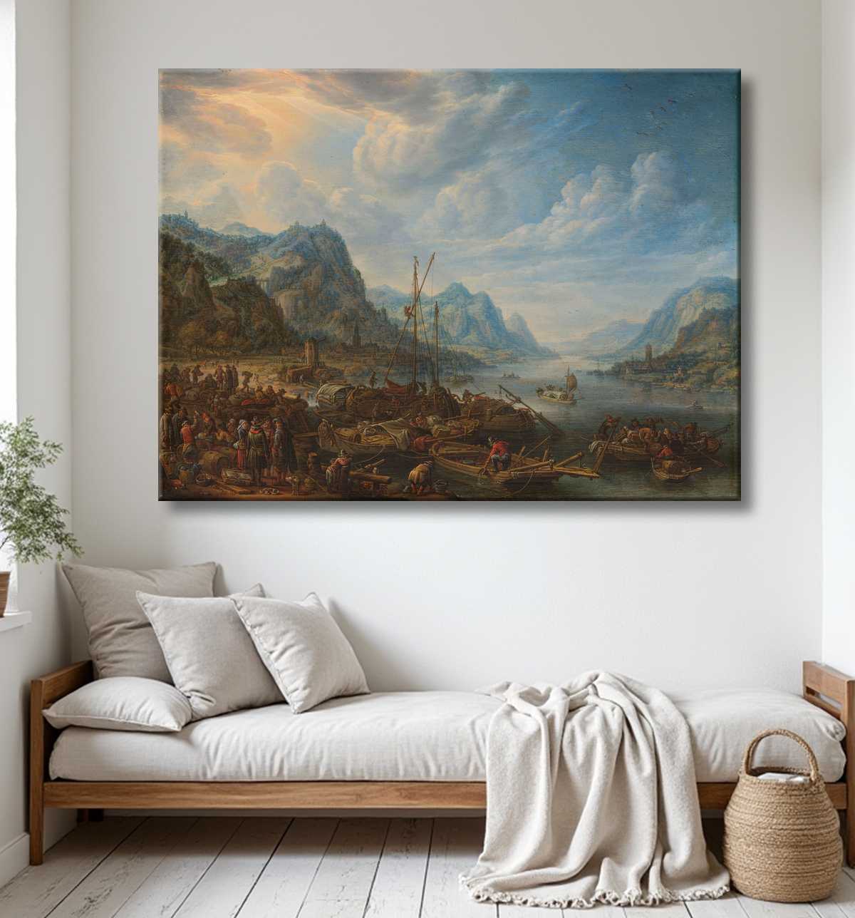 Reproduction Vue sur une rivière avec amarres de bateaux de Herman Saftleven avec decor