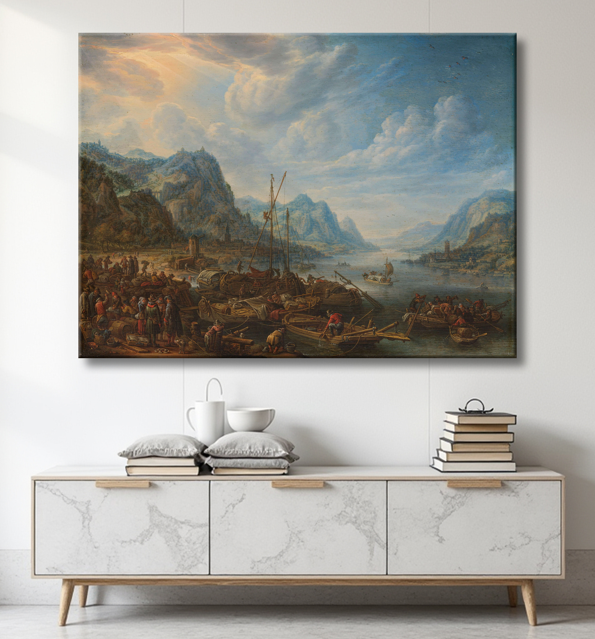 Reproduction Vue sur une rivière avec amarres de bateaux de Herman Saftleven avec decor