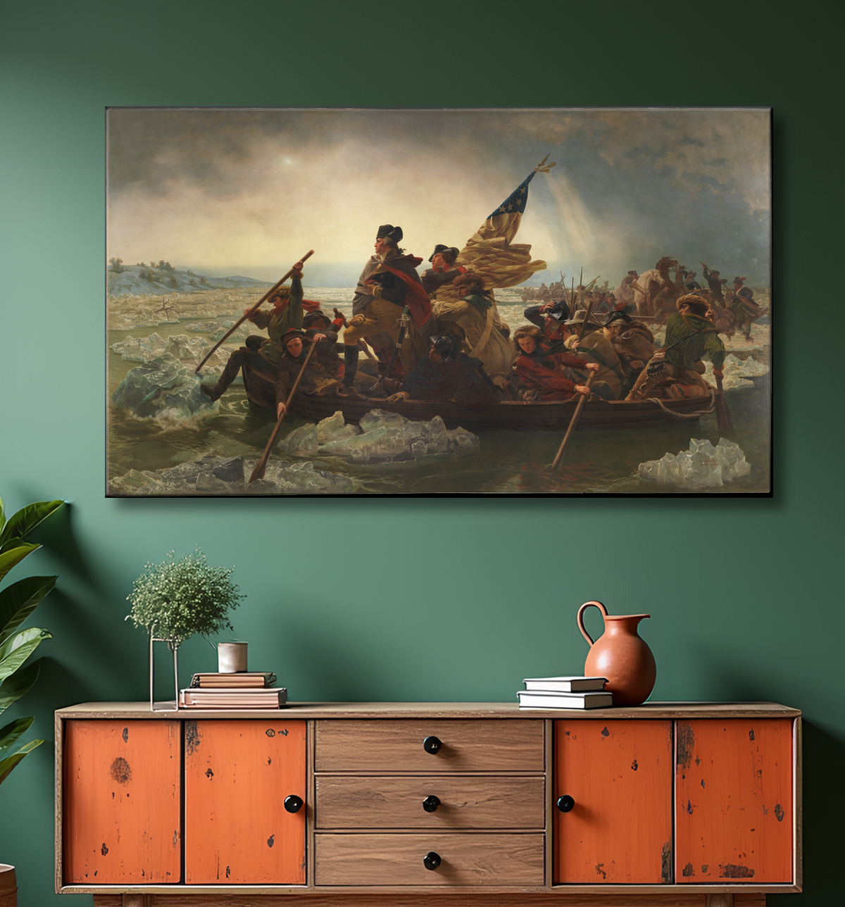 Reproduction Washington traversant le Delaware de Emanuel Leutze avec decor