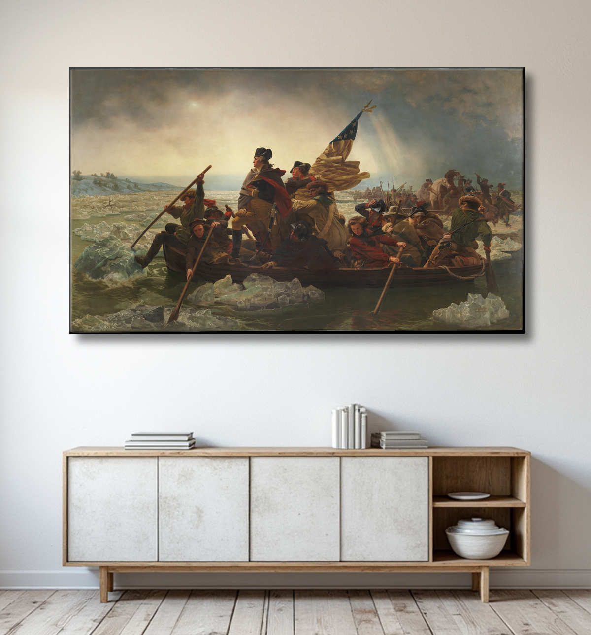 Reproduction Washington traversant le Delaware de Emanuel Leutze avec decor