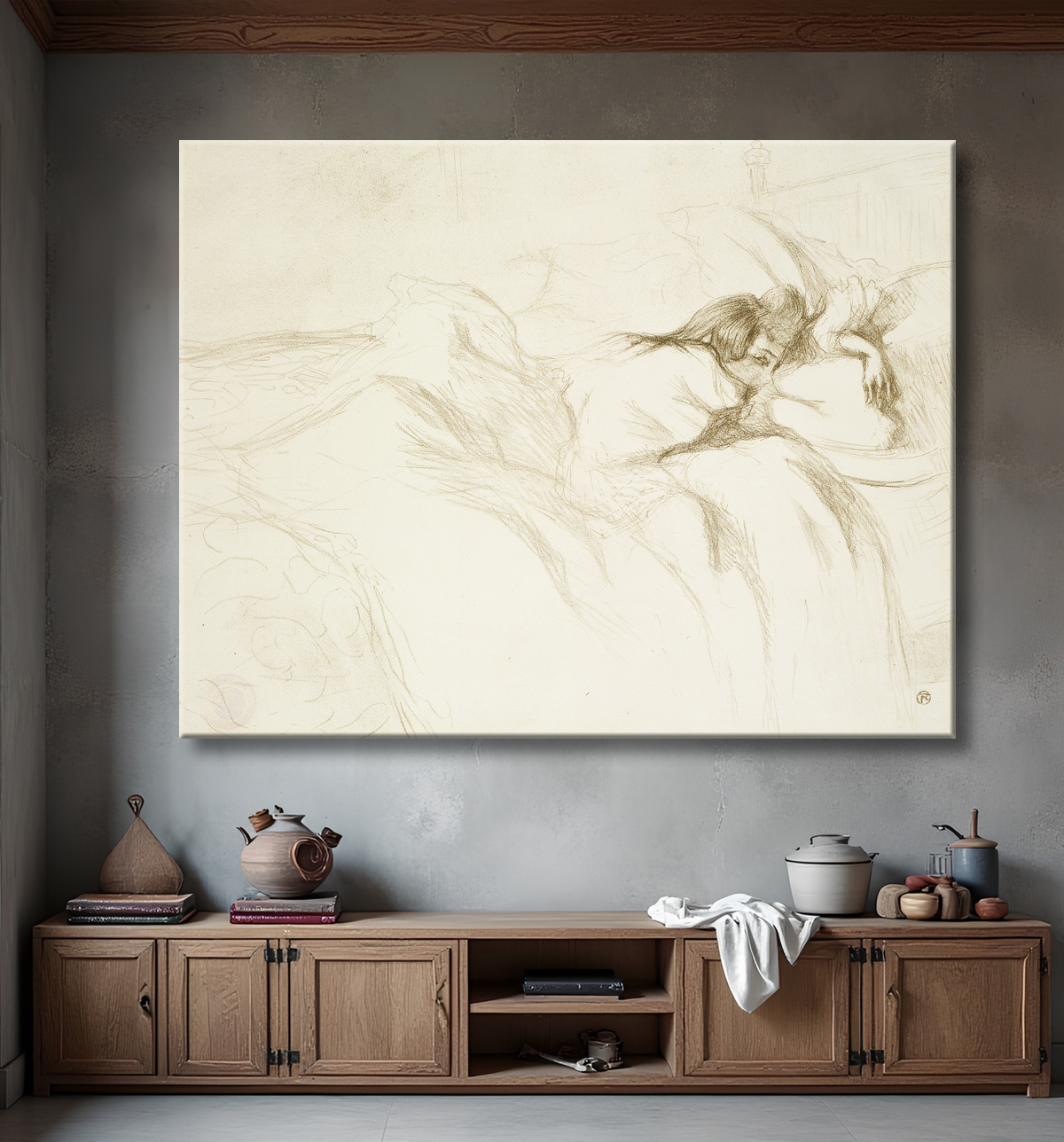 Reproduction Woman in Bed-Wake, planche trois d'Elles de Henri de Toulouse-Lautrec avec decor