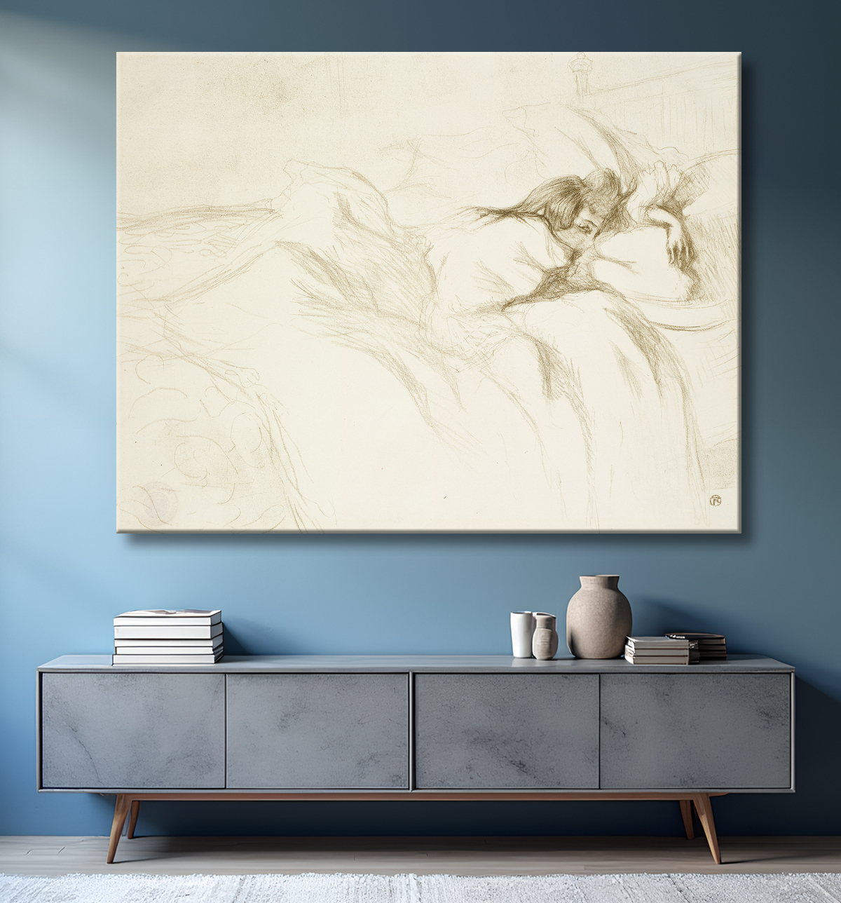 Reproduction Woman in Bed-Wake, planche trois d'Elles de Henri de Toulouse-Lautrec avec decor