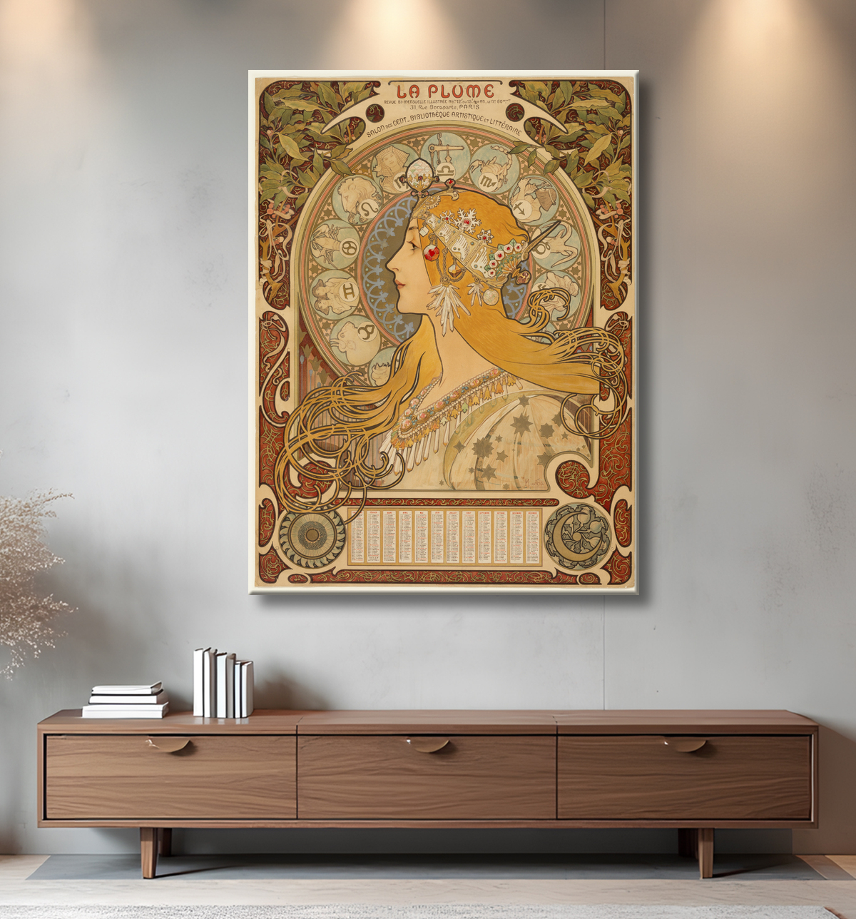 Reproduction Zodiaque (la plume) de Alphonse Marie Mucha avec decor