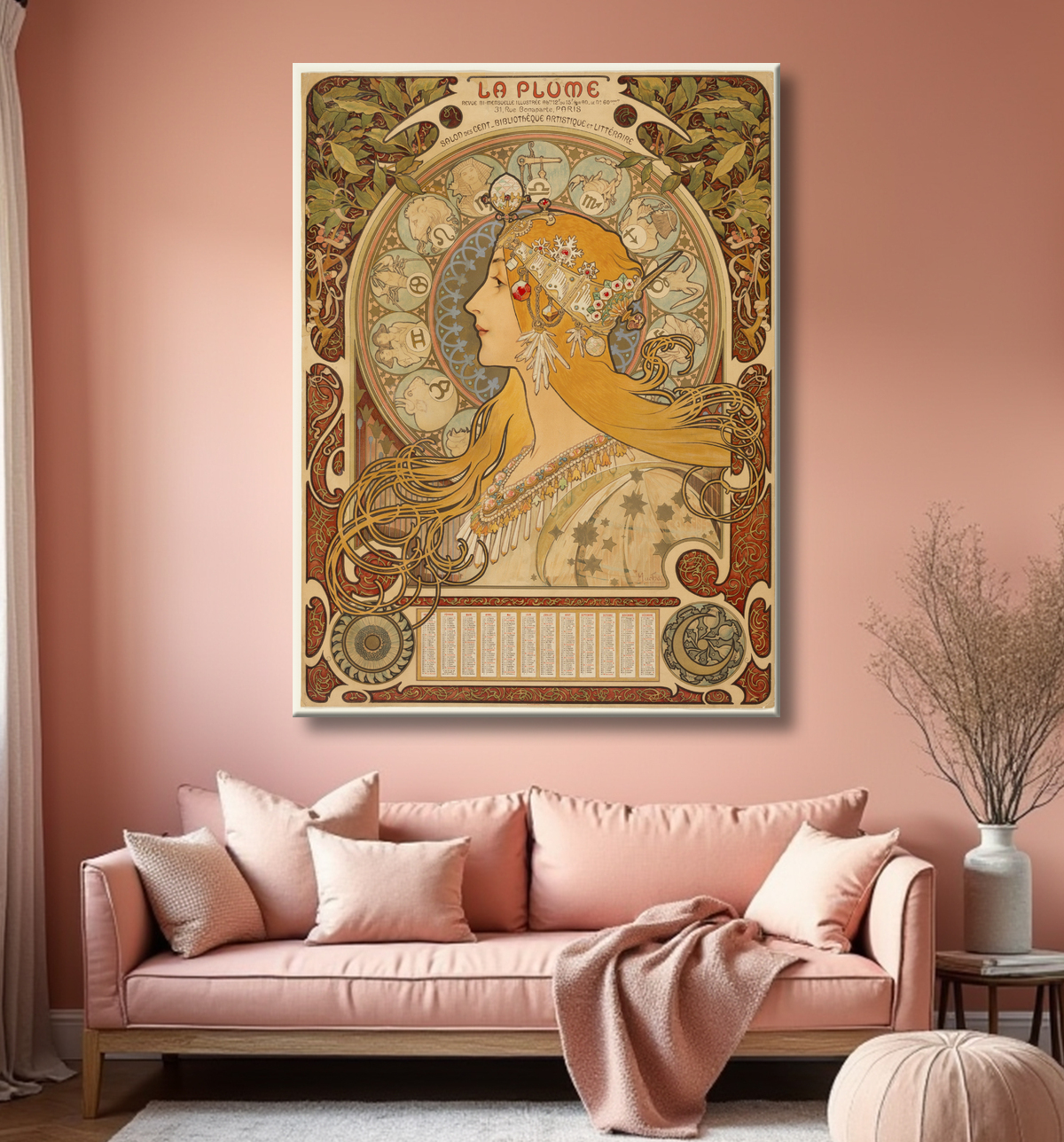 Reproduction Zodiaque (la plume) de Alphonse Marie Mucha avec decor