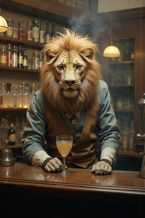 Tableau original d’un lion en serveur élégant dans un décor de bar rétro et vintage. Illustration chic et décalée, disponible uniquement chez DECOTAB, Made in France.