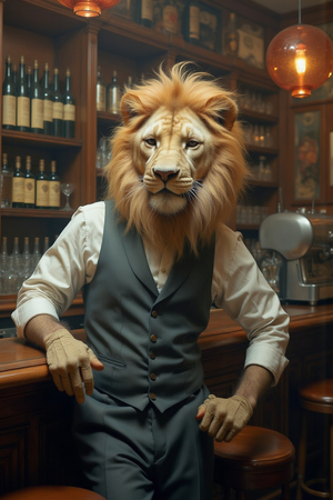 Tableau original d’un lion en serveur élégant dans un décor de bar rétro et vintage. Illustration chic et décalée, disponible uniquement chez DECOTAB, Made in France.
