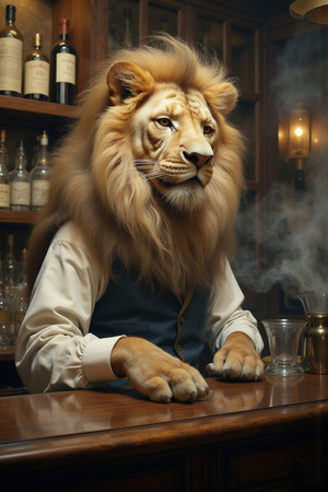 Tableau original d’un lion en serveur élégant dans un décor de bar rétro et vintage. Illustration chic et décalée, disponible uniquement chez DECOTAB, Made in France.