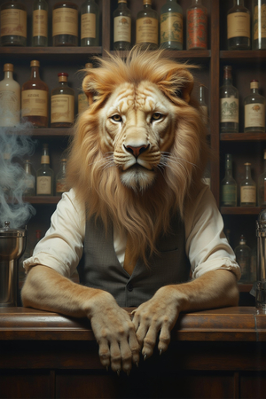Tableau original d’un lion en serveur élégant dans un décor de bar rétro et vintage. Illustration chic et décalée, disponible uniquement chez DECOTAB, Made in France.