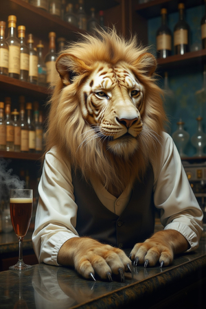 Tableau original d’un lion en serveur élégant dans un décor de bar rétro et vintage. Illustration chic et décalée, disponible uniquement chez DECOTAB, Made in France.