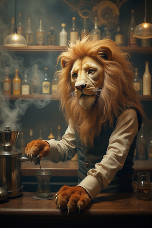 Tableau original d’un lion en serveur élégant dans un décor de bar rétro et vintage. Illustration chic et décalée, disponible uniquement chez DECOTAB, Made in France.