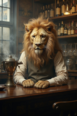 Tableau original d’un lion en serveur élégant dans un décor de bar rétro et vintage. Illustration chic et décalée, disponible uniquement chez DECOTAB, Made in France.