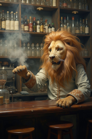 Tableau original d’un lion en serveur élégant dans un décor de bar rétro et vintage. Illustration chic et décalée, disponible uniquement chez DECOTAB, Made in France.