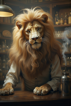 Tableau original d’un lion en serveur élégant dans un décor de bar rétro et vintage. Illustration chic et décalée, disponible uniquement chez DECOTAB, Made in France.