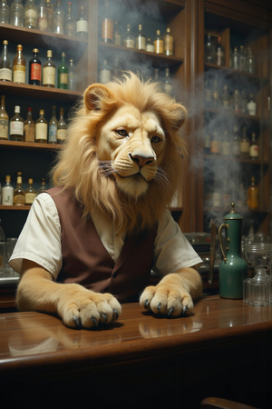 Tableau original d’un lion en serveur élégant dans un décor de bar rétro et vintage. Illustration chic et décalée, disponible uniquement chez DECOTAB, Made in France.