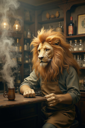 Tableau original d’un lion en serveur élégant dans un décor de bar rétro et vintage. Illustration chic et décalée, disponible uniquement chez DECOTAB, Made in France.