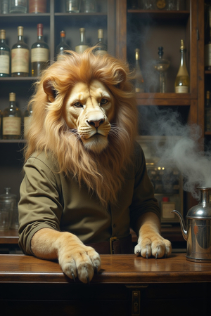 Tableau original d’un lion en serveur élégant dans un décor de bar rétro et vintage. Illustration chic et décalée, disponible uniquement chez DECOTAB, Made in France.