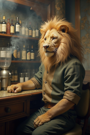 Tableau original d’un lion en serveur élégant dans un décor de bar rétro et vintage. Illustration chic et décalée, disponible uniquement chez DECOTAB, Made in France.