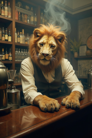 Tableau original d’un lion en serveur élégant dans un décor de bar rétro et vintage. Illustration chic et décalée, disponible uniquement chez DECOTAB, Made in France.