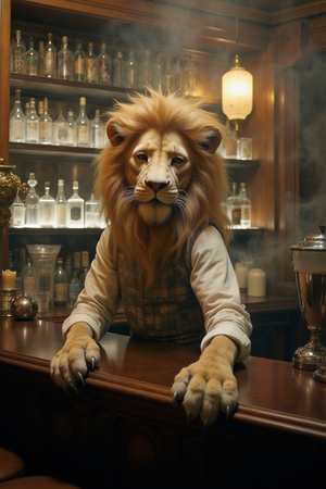 Tableau original d’un lion en serveur élégant dans un décor de bar rétro et vintage. Illustration chic et décalée, disponible uniquement chez DECOTAB, Made in France.
