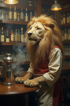 Tableau original d’un lion en serveur élégant dans un décor de bar rétro et vintage. Illustration chic et décalée, disponible uniquement chez DECOTAB, Made in France.