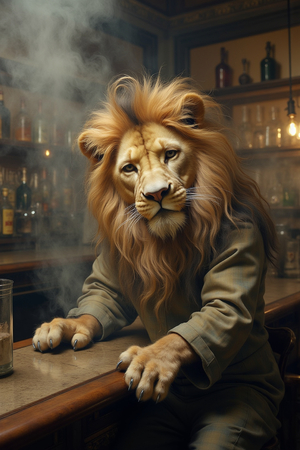 Tableau original d’un lion en serveur élégant dans un décor de bar rétro et vintage. Illustration chic et décalée, disponible uniquement chez DECOTAB, Made in France.