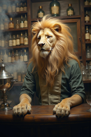Tableau original d’un lion en serveur élégant dans un décor de bar rétro et vintage. Illustration chic et décalée, disponible uniquement chez DECOTAB, Made in France.