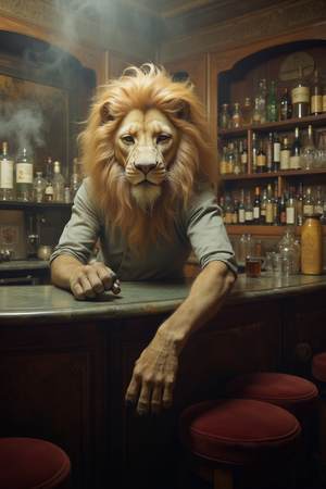 Tableau original d’un lion en serveur élégant dans un décor de bar rétro et vintage. Illustration chic et décalée, disponible uniquement chez DECOTAB, Made in France.