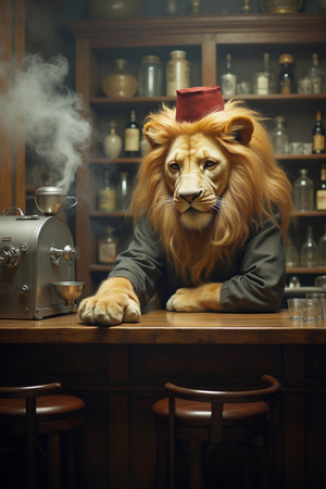 Tableau original d’un lion en serveur élégant dans un décor de bar rétro et vintage. Illustration chic et décalée, disponible uniquement chez DECOTAB, Made in France.