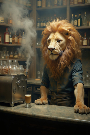Tableau original d’un lion en serveur élégant dans un décor de bar rétro et vintage. Illustration chic et décalée, disponible uniquement chez DECOTAB, Made in France.