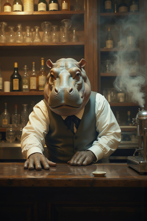 Tableau original d'un hippopotame anthropomorphique en serveur de bar vintage. Une œuvre unique, idéale pour décorer un bar ou un espace à thème.