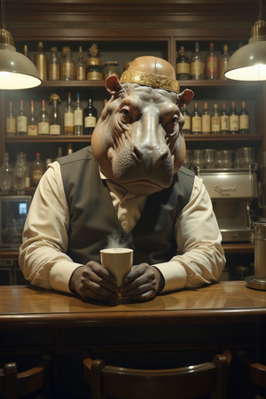 Tableau original d'un hippopotame anthropomorphique en serveur de bar vintage. Une œuvre unique, idéale pour décorer un bar ou un espace à thème.