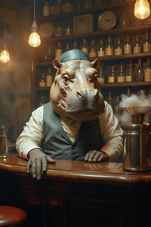 Tableau original d'un hippopotame anthropomorphique en serveur de bar vintage. Une œuvre unique, idéale pour décorer un bar ou un espace à thème.