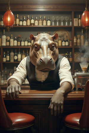 Tableau original d'un hippopotame anthropomorphique en serveur de bar vintage. Une œuvre unique, idéale pour décorer un bar ou un espace à thème.