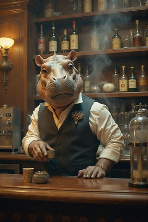 Tableau original d'un hippopotame anthropomorphique en serveur de bar vintage. Une œuvre unique, idéale pour décorer un bar ou un espace à thème.