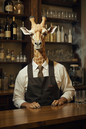 Tableau représentant une Girafe en tenue de serveur dans un bar vintage. Tableau humoristique d'un animal détourné dans une situation inatendue. Made in France.