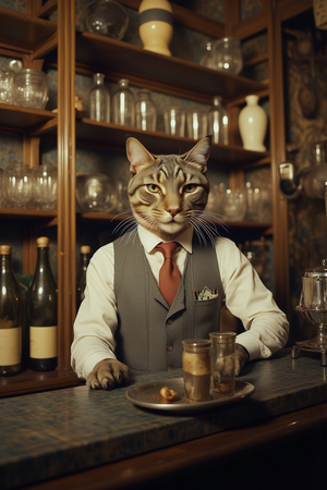 Tableau représentant un chat anthropomorphe habillé avec élégance dans un décor rétro. Une œuvre originale et amusante, parfaite pour apporter une touche vintage pleine de personnalité.