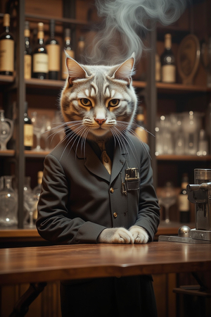 Tableau représentant un chat anthropomorphe habillé avec élégance dans un décor rétro. Une œuvre originale et amusante, parfaite pour apporter une touche vintage pleine de personnalité.