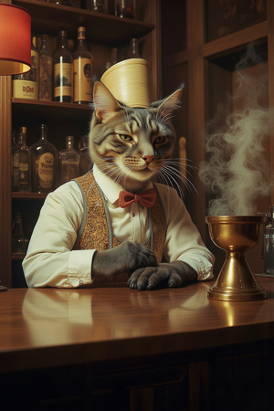 Tableau représentant un chat anthropomorphe habillé avec élégance dans un décor rétro. Une œuvre originale et amusante, parfaite pour apporter une touche vintage pleine de personnalité.