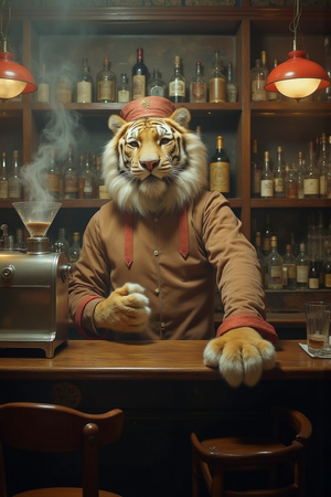 Tableau représentant un tigre anthropomorphe habillé en barman rétro. Une pièce originale parfaite pour créer une ambiance vintage dans votre établissement ou intérieur.