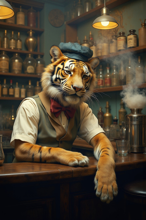 Tableau représentant un tigre anthropomorphe habillé en barman rétro. Une pièce originale parfaite pour créer une ambiance vintage dans votre établissement ou intérieur.