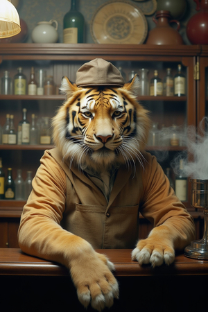 Tableau représentant un tigre anthropomorphe habillé en barman rétro. Une pièce originale parfaite pour créer une ambiance vintage dans votre établissement ou intérieur.