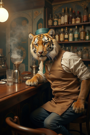 Tableau représentant un tigre anthropomorphe habillé en barman rétro. Une pièce originale parfaite pour créer une ambiance vintage dans votre établissement ou intérieur.