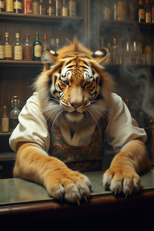 Tableau représentant un tigre anthropomorphe habillé en barman rétro. Une pièce originale parfaite pour créer une ambiance vintage dans votre établissement ou intérieur.
