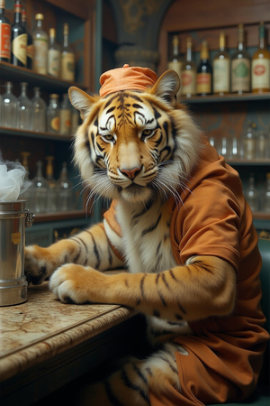 Tableau représentant un tigre anthropomorphe habillé en barman rétro. Une pièce originale parfaite pour créer une ambiance vintage dans votre établissement ou intérieur.
