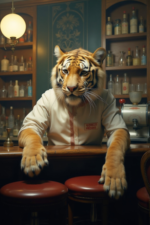 Tableau représentant un tigre anthropomorphe habillé en barman rétro. Une pièce originale parfaite pour créer une ambiance vintage dans votre établissement ou intérieur.