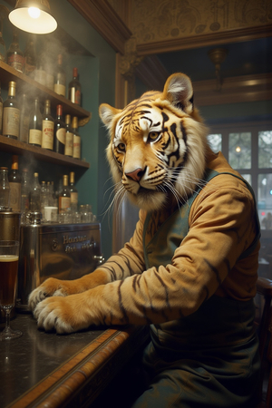Tableau représentant un tigre anthropomorphe habillé en barman rétro. Une pièce originale parfaite pour créer une ambiance vintage dans votre établissement ou intérieur.