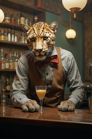 Tableau original d’un léopard en serveur distingué dans une ambiance de bar vintage. Illustration chic, dynamique et décalée, uniquement disponible chez DECOTAB.