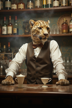 Tableau original d’un léopard en serveur distingué dans une ambiance de bar vintage. Illustration chic, dynamique et décalée, uniquement disponible chez DECOTAB.