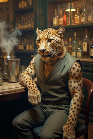 Tableau original d’un léopard en serveur distingué dans une ambiance de bar vintage. Illustration chic, dynamique et décalée, uniquement disponible chez DECOTAB.
